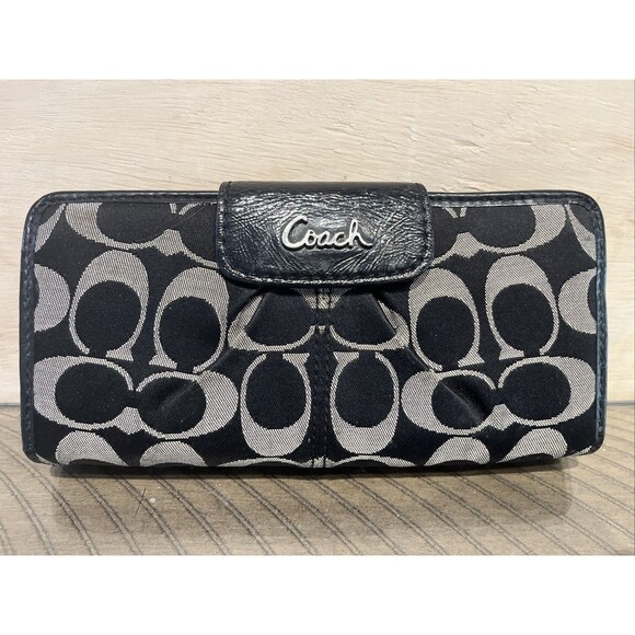 Coach Wallet Signature logo canvas leather Black bifold zipper full size monogra - Picture 1 of 6
